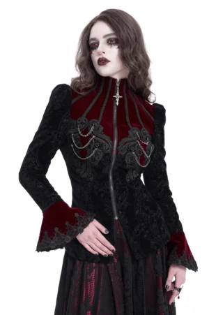 Gothic Victorian wine red blazer front view with ornamental chain details and cross zipper pull, featuring dramatic bell sleeves with black lace trim