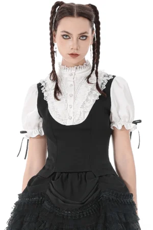 Victorian gothic lolita blouse with black vest front view worn on female model with twin braids, showcasing white puff sleeves with ribbon ties and lace ruffled bib