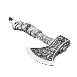 Silver gothic Viking axe pendant with intricate raven engraving and wrapped handle on metal chain