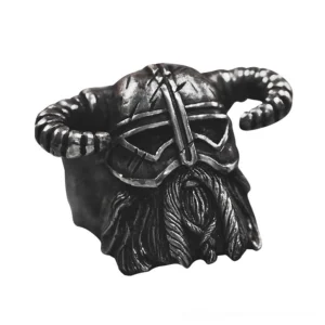 Nordic warrior helmet ring dark antique silver finish side perspective showing detailed horned design