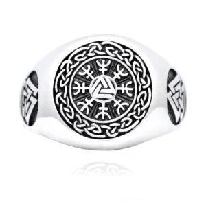 Front-facing Viking gothic ring featuring Helm of Awe center design with Valknut emblems and Celtic knot border, polished stainless steel mens statement ring