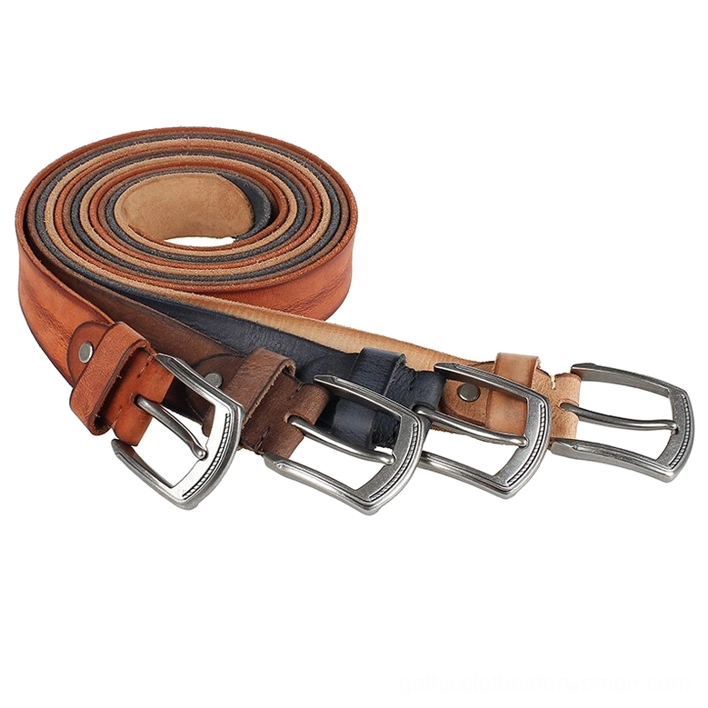 Multiple vintage distressed cowhide belts in mixed colors with coordinating alloy buckles - overhead flat lay