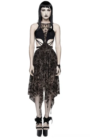 Black asymmetrical gothic vintage dress with metal heart straps - front full body view on model