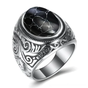 Gothic vintage stainless steel ring with black crackle gemstone oval cabochon and engraved band