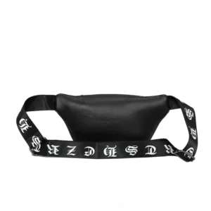Unisex gothic waist bag displaying adjustable shoulder strap with gothic letter prints and metal hardware details
