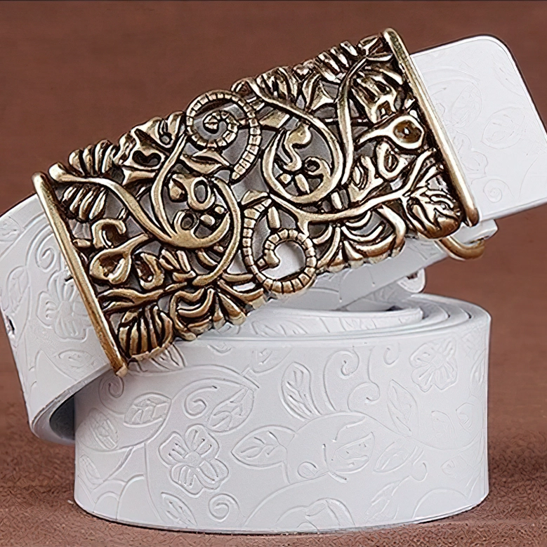 Genuine leather gothic waist belt with antique bronze hollow flower buckle, front view presentation