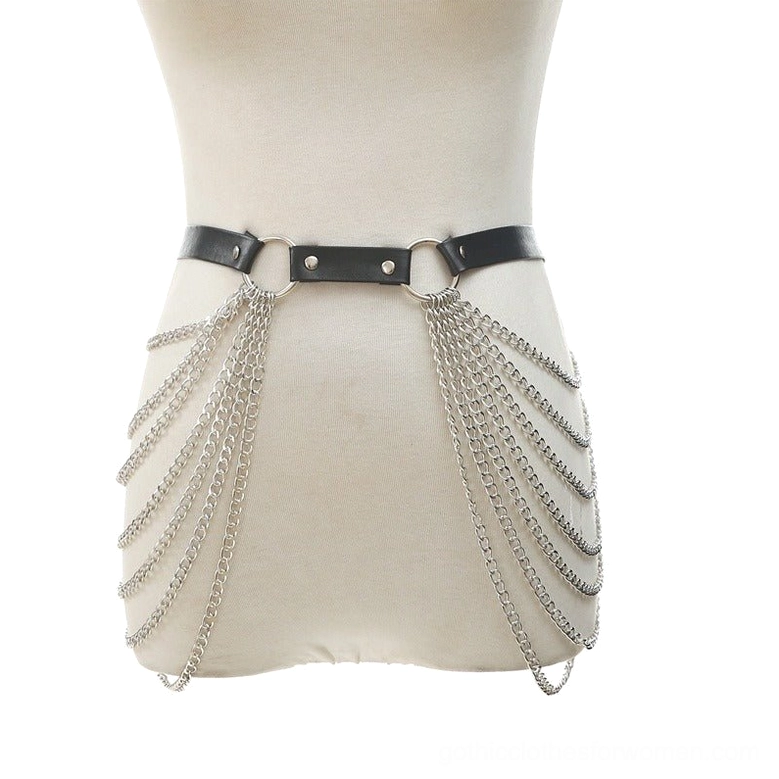 Slim black leather gothic waist belt harness with symmetrical silver chain tassels front display