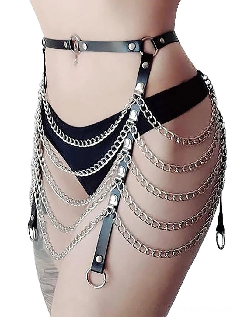 Black leather waist chain harness with cascading silver chains and D-rings - side hip view