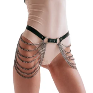 Gothic body chain harness worn on model torso, front view displaying dual-sided silver chain tassels hanging from black leather strap
