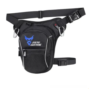 Moto Centric black waist bag with blue branded logo and mesh side pocket perfect for gothic style