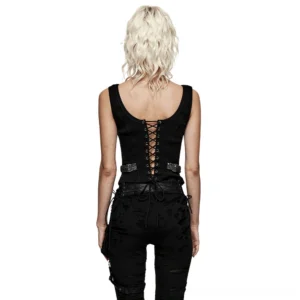 Black gothic waistcoat back view on model, displaying lace-up corset back design with drawstring closure