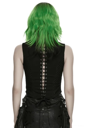 Gothic waistcoat back view with dramatic crisscross lace-up drawstring design, shown on model wearing black leather skirt