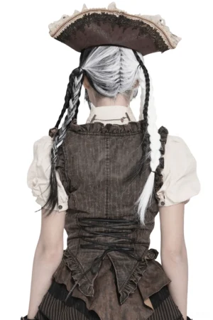 Steampunk waistcoat back lace-up design with ruffled hem detail on model with braided hair