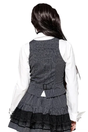 Back view of gothic pinstripe waistcoat showing adjustable buckle belt and striped fabric detail