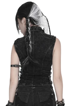 Distressed gothic waistcoat rear view showing back grommet straps and side buckle details on model with braided split hair