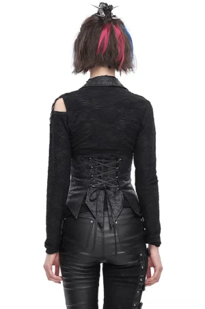 Black gothic corset waistcoat rear view showing asymmetrical pointed hem and back lacing