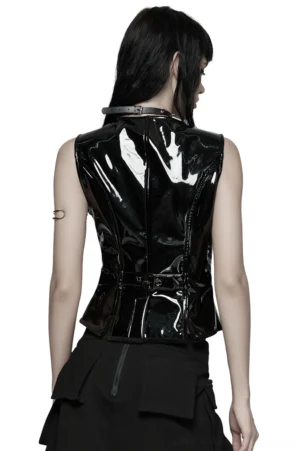 Black patent leather gothic waistcoat back view on model, split peplum hem, adjustable waist buckle, choker accessory