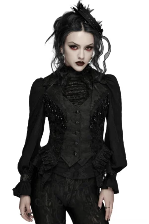 Black gothic waistcoat with beaded tassel chains and ruffled lace hem - front full-body view on model