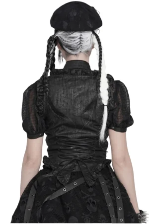 Back view of black gothic lace-up waistcoat showing adjustable lace-up back closure and puffed sleeves