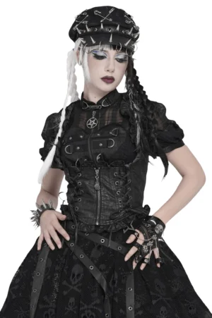 Black gothic faux leather corset waistcoat with ruffled trim and front zipper closure, worn by goth model with braids