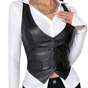 Black PU leather cropped gothic waistcoat with button closure, front three-quarter view on model
