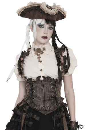 Distressed brown gothic waistcoat front full view with ruffled trim and front zipper on model