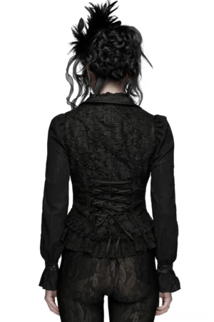 Gothic waistcoat with corset lace-up back design and ruffled hem - rear full-body view on model