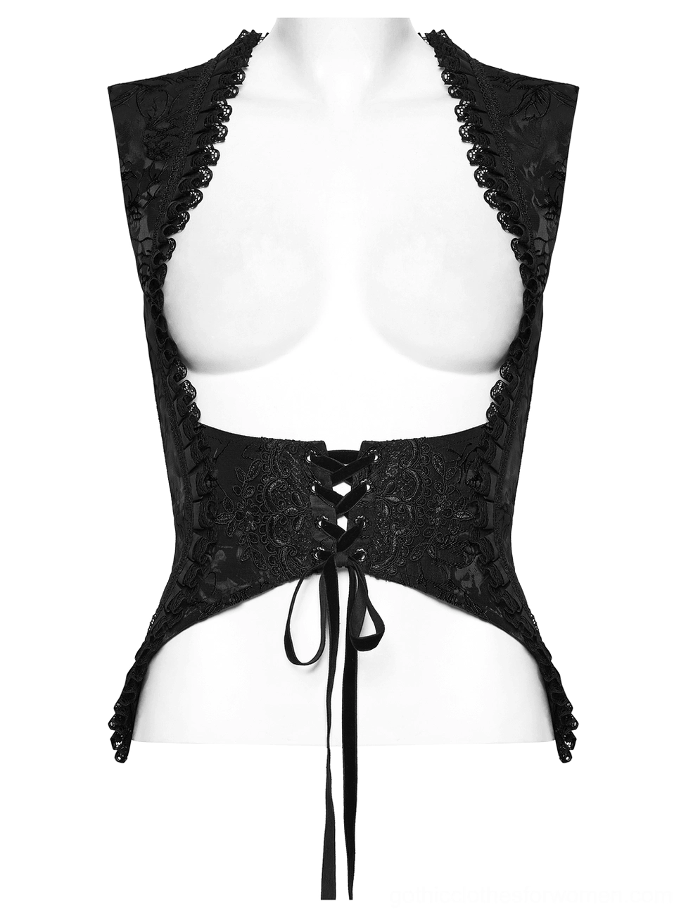Black Gothic Waistcoat Corset Vest - Front Mannequin View with Ruffled Lace Trim