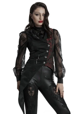 Asymmetrical gothic waistcoat front three-quarter view with sheer lace sleeves and black-red color blocking on dress form