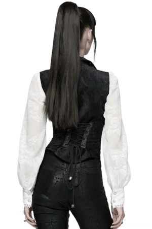 Black gothic waistcoat rear lace-up back view with adjustable drawstring on model