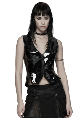 Black patent leather gothic waistcoat front view on model, pentagram zipper detail, V-neck design, slim fit silhouette