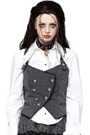 Gothic pinstripe double-breasted waistcoat front three-quarter view on goth model with scalloped trim and ruffled blouse