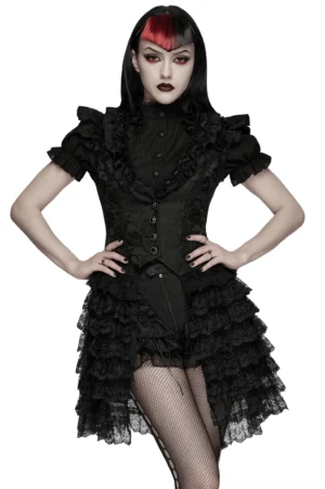Black jacquard gothic waistcoat with tiered lace skirt and ruffled V-neck collar - front view on model with red hair streak