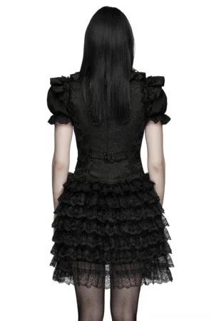 Black gothic waistcoat with layered lace skirt worn with fishnet stockings - back full view