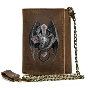 Front view of gothic trifold wallet with embossed dragon and skull pattern, antique brass hasp closure, and decorative iron chain attachment