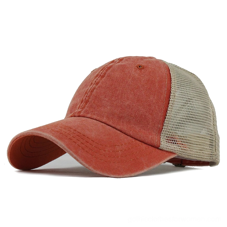 Rust orange washed gothic trucker baseball cap with beige mesh rear, classic distressed design