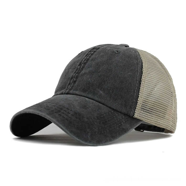 Black washed gothic trucker cap with beige mesh rear and curved stitched visor, unisex alternative style