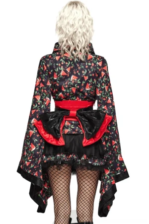 Black and red gothic kimono set rear view showing detachable bow belt and ruffled tulle skirt hem