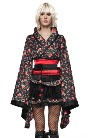 Black watermelon print gothic kimono cosplay set front view on model with wide bell sleeves and ruffled mini skirt