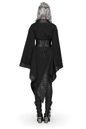 Black gothic kimono dress back view highlighting lace-up corset closure and draped side panel with wave print details