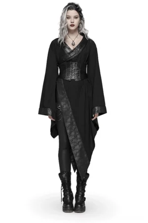 Black gothic wave print kimono dress with structured corset front view on model showing asymmetrical hem and furisode bell sleeves