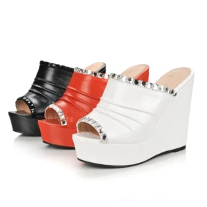 Multi-colored gothic wedge platform slide sandals with rhinestone embellishments and pleated upper