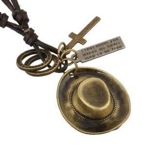 Dark Western style cowboy hat necklace featuring vintage bronze pendant with spiritual cross and ornamental ring accents, full charm set display