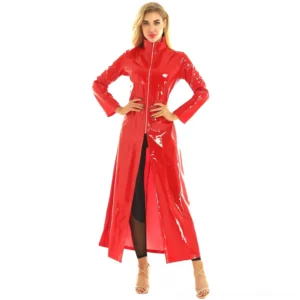Red PVC wetlook gothic coat long sleeve front view on model - high gloss finish with stand collar and metal zipper