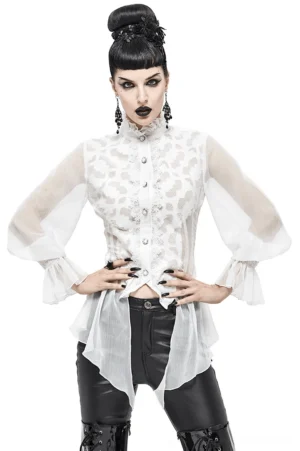 Victorian gothic white chiffon blouse with high ruffled collar and petal sleeves, front three-quarter view on model