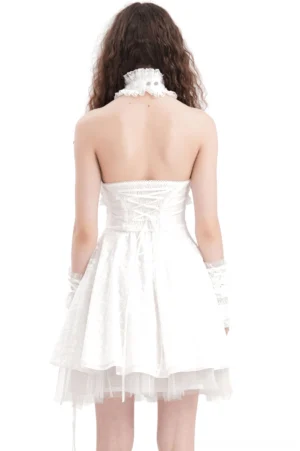 Gothic white halter dress back view showing lace-up back closure and open back design with matching lace gloves