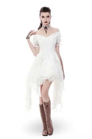 Gothic white lace off-shoulder dress front three-quarter view on model showing asymmetrical hemline and ruffled short sleeves