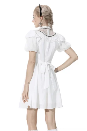 Gothic white lace dress back view showing waist tie sash and lace back trim detail