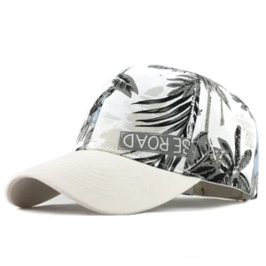 Off-white gothic botanical baseball cap with palm leaf print and SE ROAD logo patch, alternative streetwear style