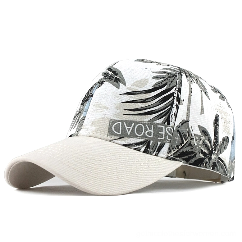 Off-white gothic botanical baseball cap with palm leaf print and SE ROAD logo patch, alternative streetwear style